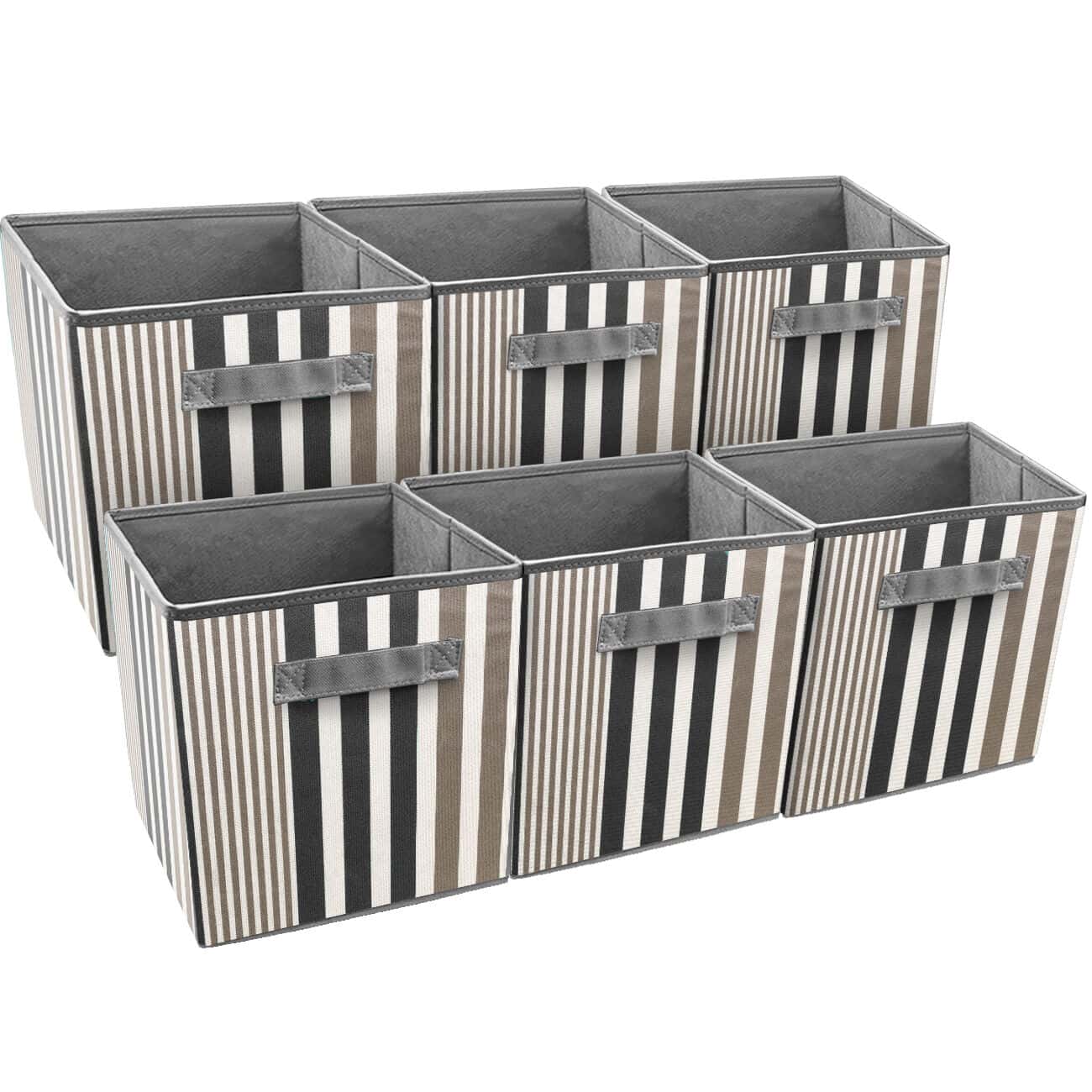 Four black and white striped storage bins with handles.