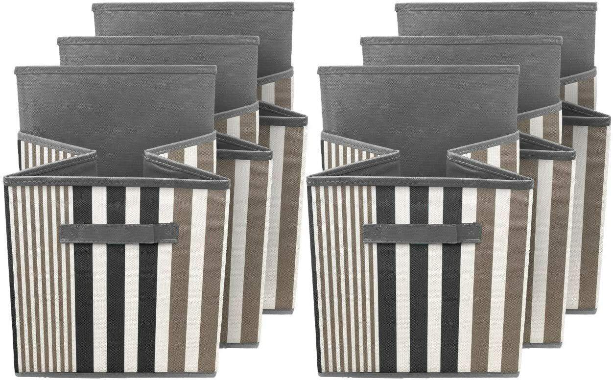A set of striped storage baskets with handles.