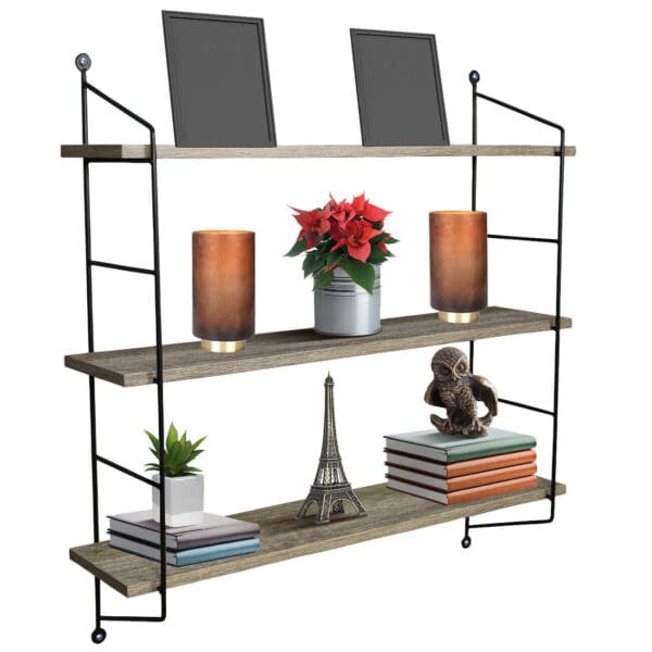 A shelf with a vase and books on it.