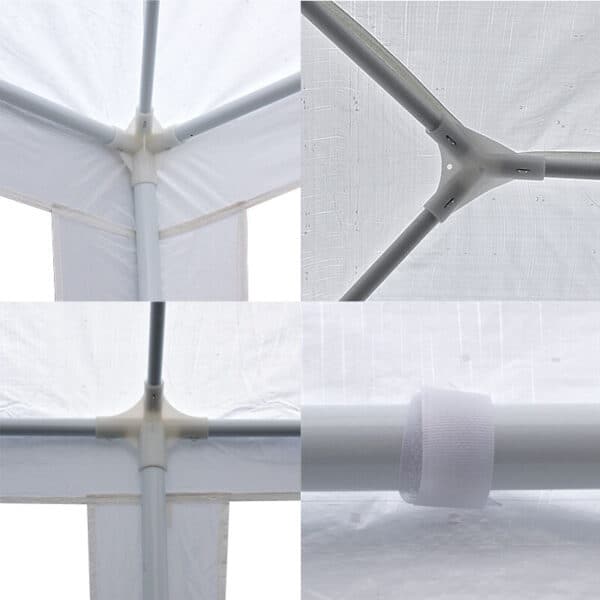 Four different views of a white tent.