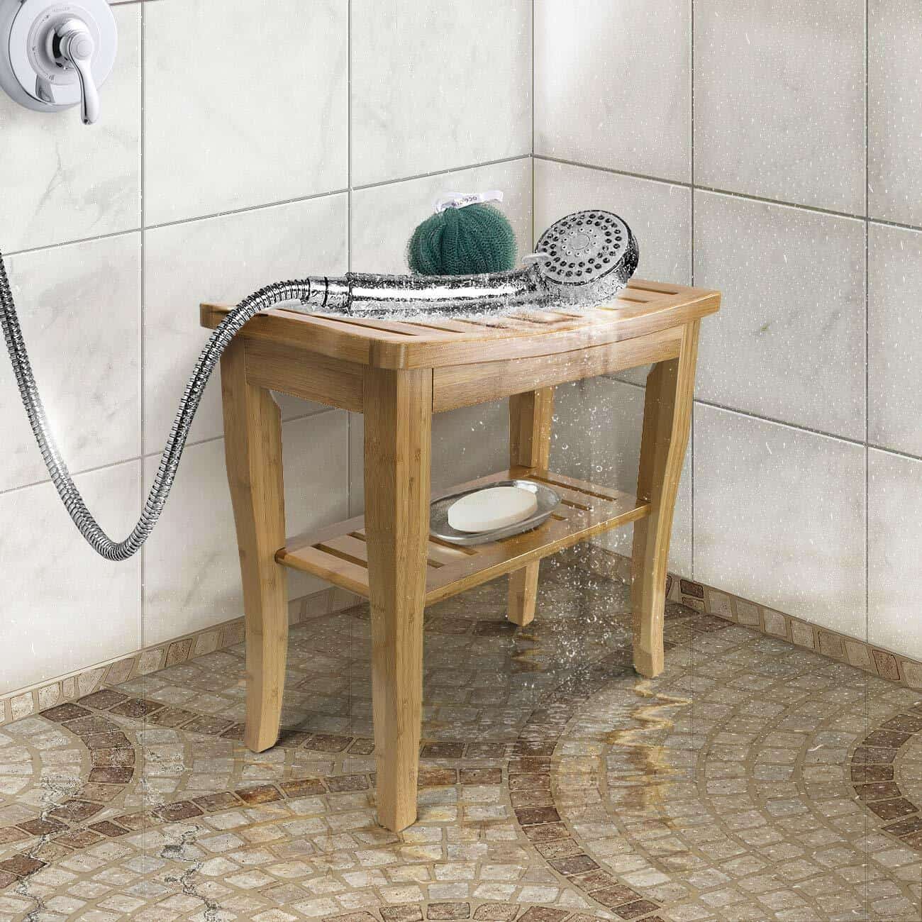 A wooden shower bench with a shower head on it.