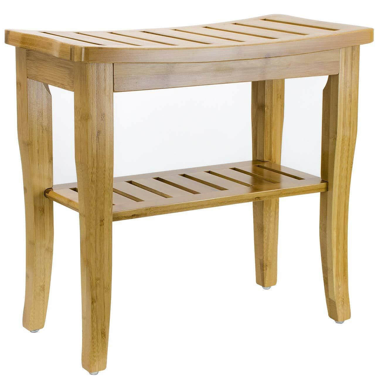 A wooden shower bench with a shelf on it.
