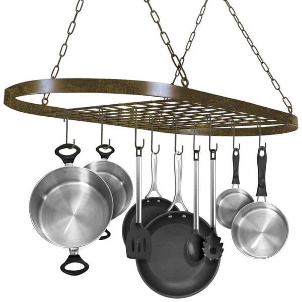 A hanging pot rack with pots and pans hanging from it.