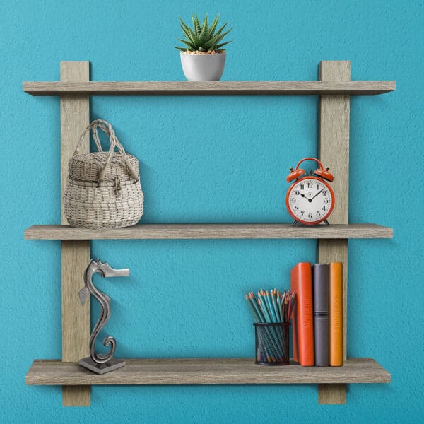 A wooden shelf on a blue wall.