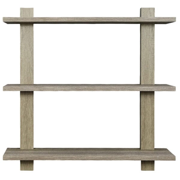 A wooden shelf with three shelves on a white background.