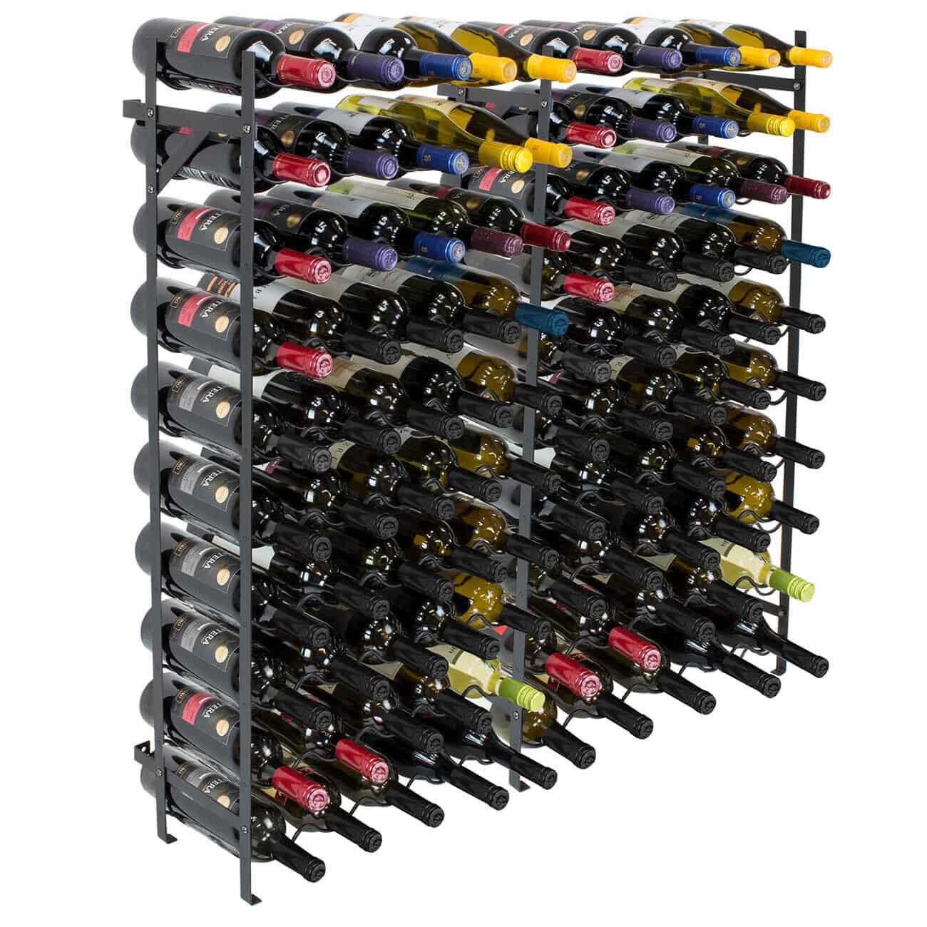 A wine rack with many bottles in it.