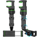 A black and green camera holder with a green handle.