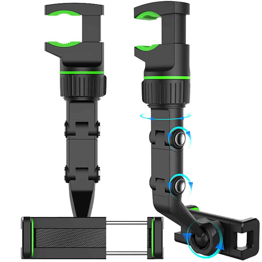 A black and green camera holder with a green handle.