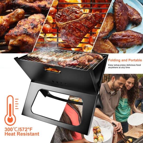 A photo of a barbecue grill with people and food on it.