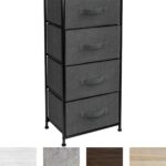 A black and grey dresser with drawers in different colors.