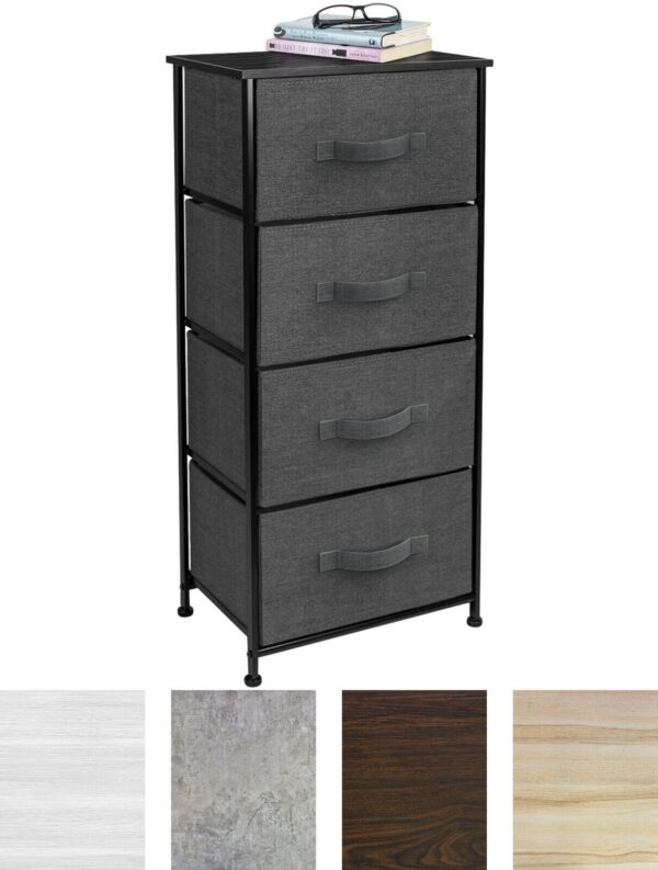 A black and grey dresser with drawers in different colors.