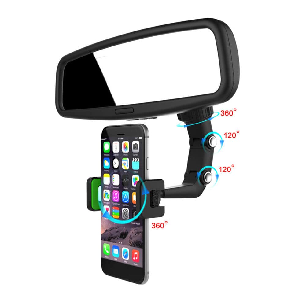 A phone holder with a mirror attached to it.
