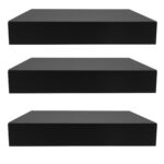 Three black shelves on a white background.