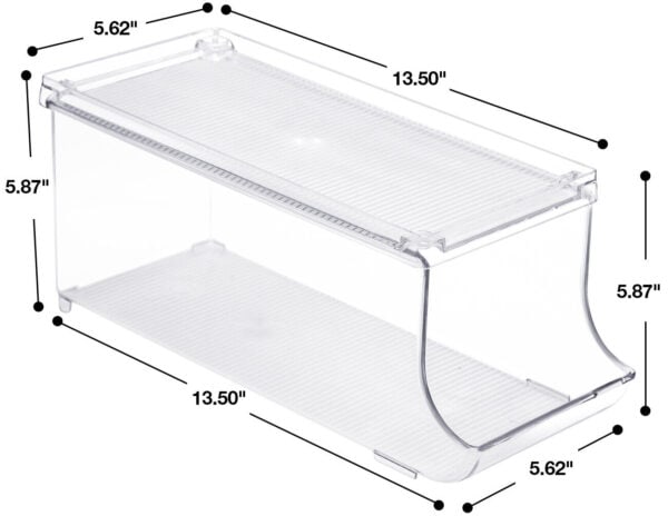 A clear plastic storage box with measurements.