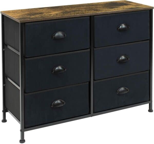 A black and wood dresser with four drawers.