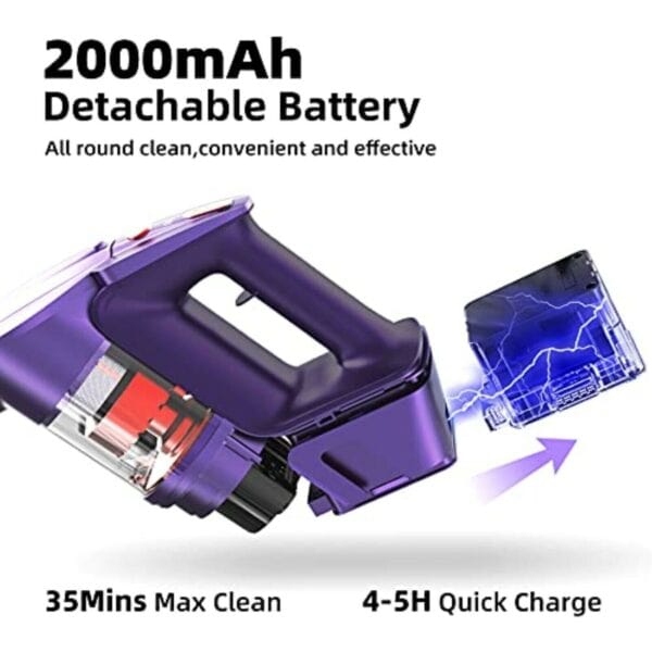A purple cordless vacuum cleaner with a removable battery.