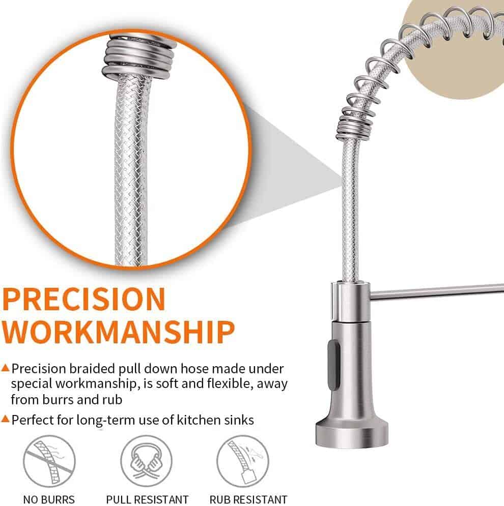 Precision workhorse stainless steel kitchen faucet.