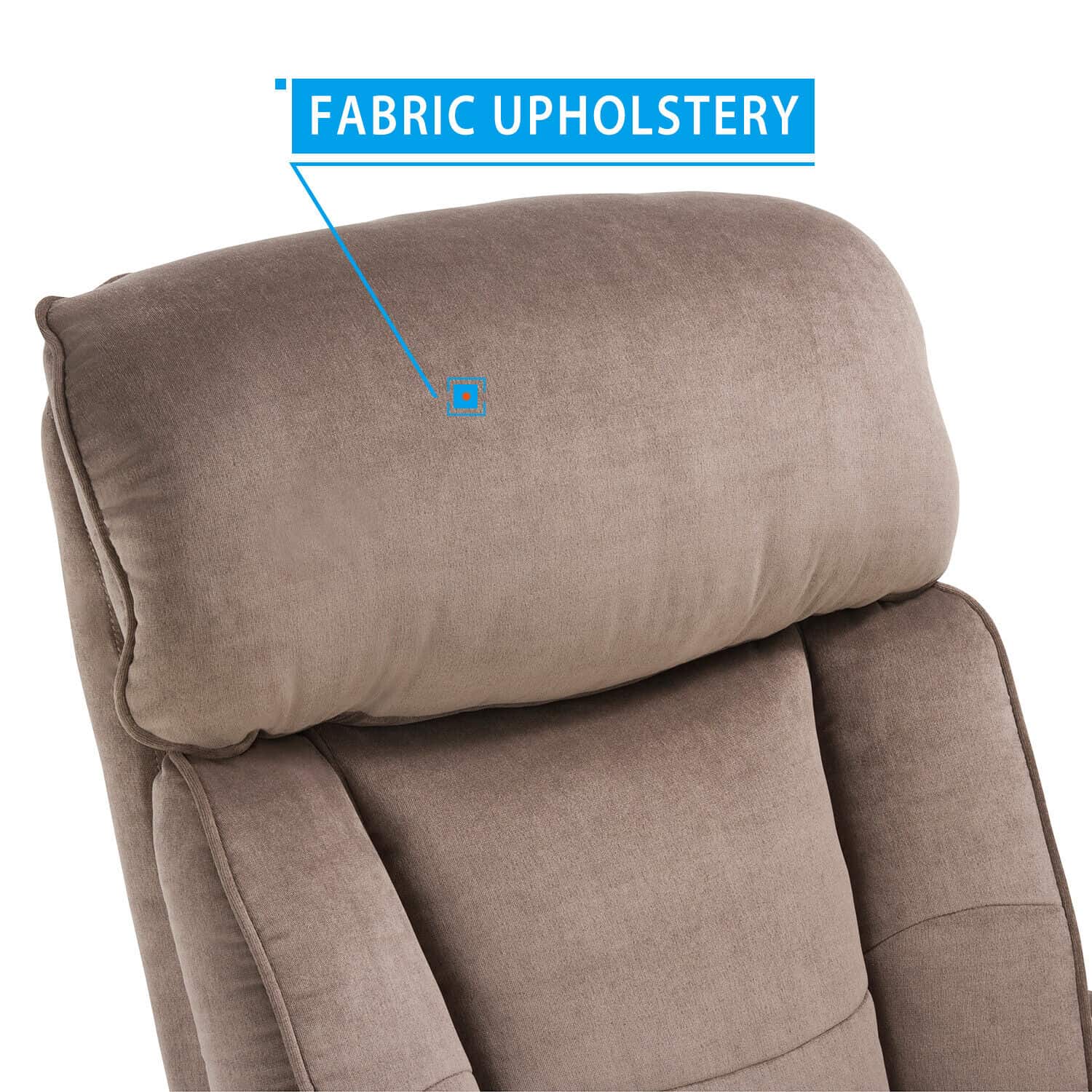 An image of a recliner with the fabric upholstery labeled.