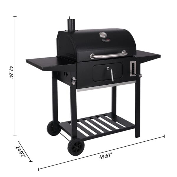 An image of a charcoal grill with measurements.