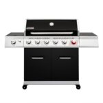 A black gas grill with four burners.