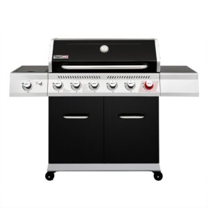 A black gas grill with four burners.