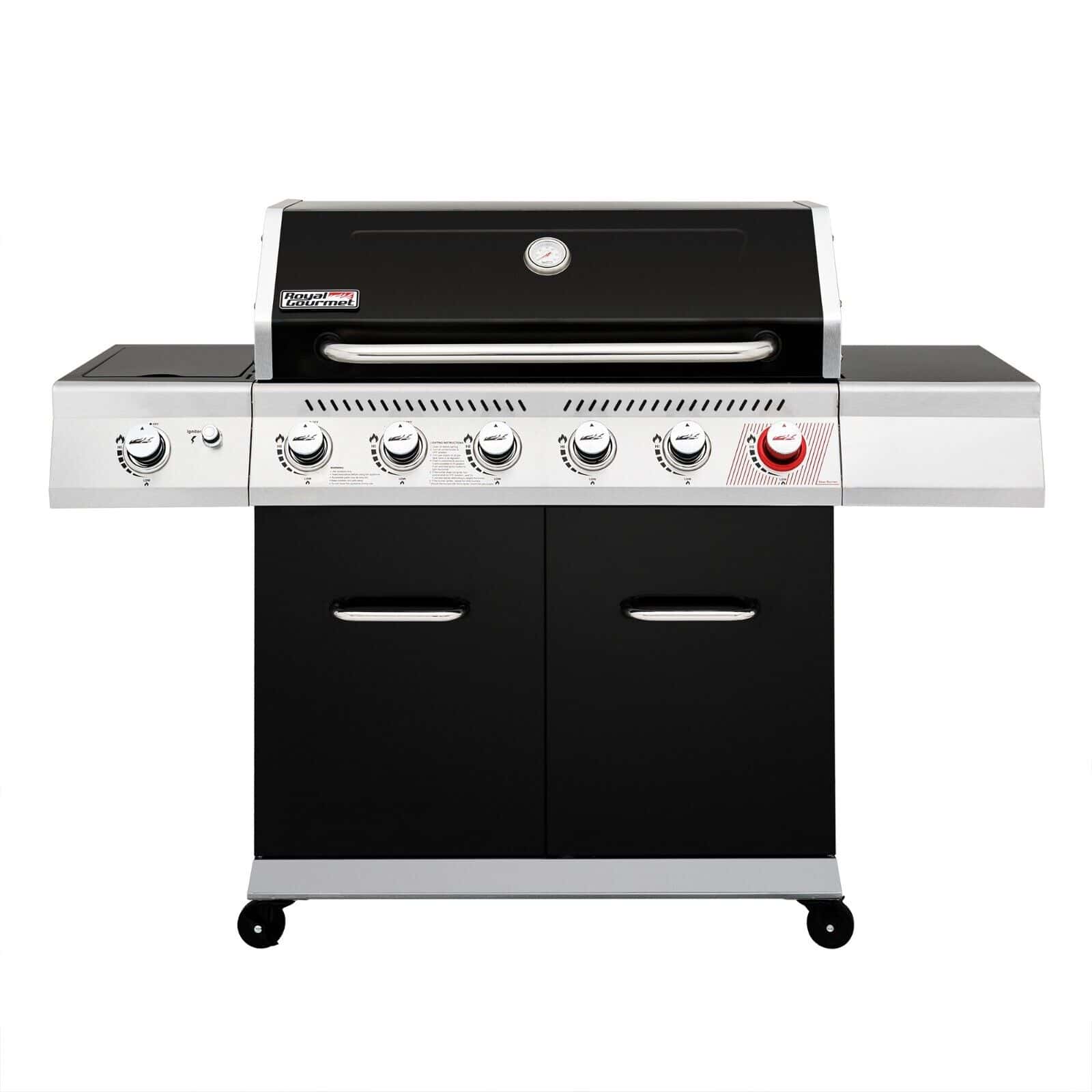 A black gas grill with four burners.
