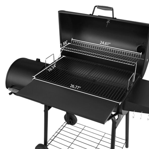 A black grill with a grill rack on it.