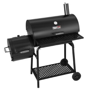 A black barbecue grill with two side burners.