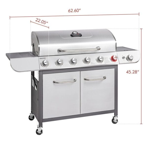 A grill with four burners and two side burners.