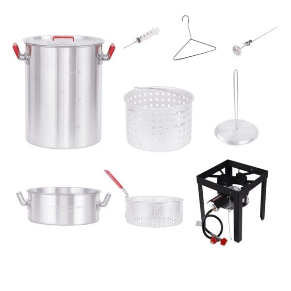 A set of pots, pans, and utensils on a white background.