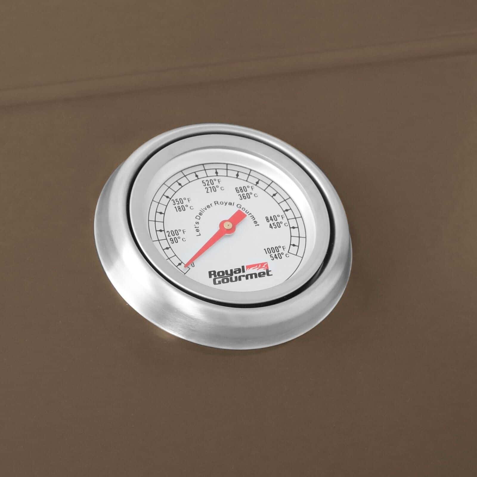 A thermometer is shown on a brown surface.