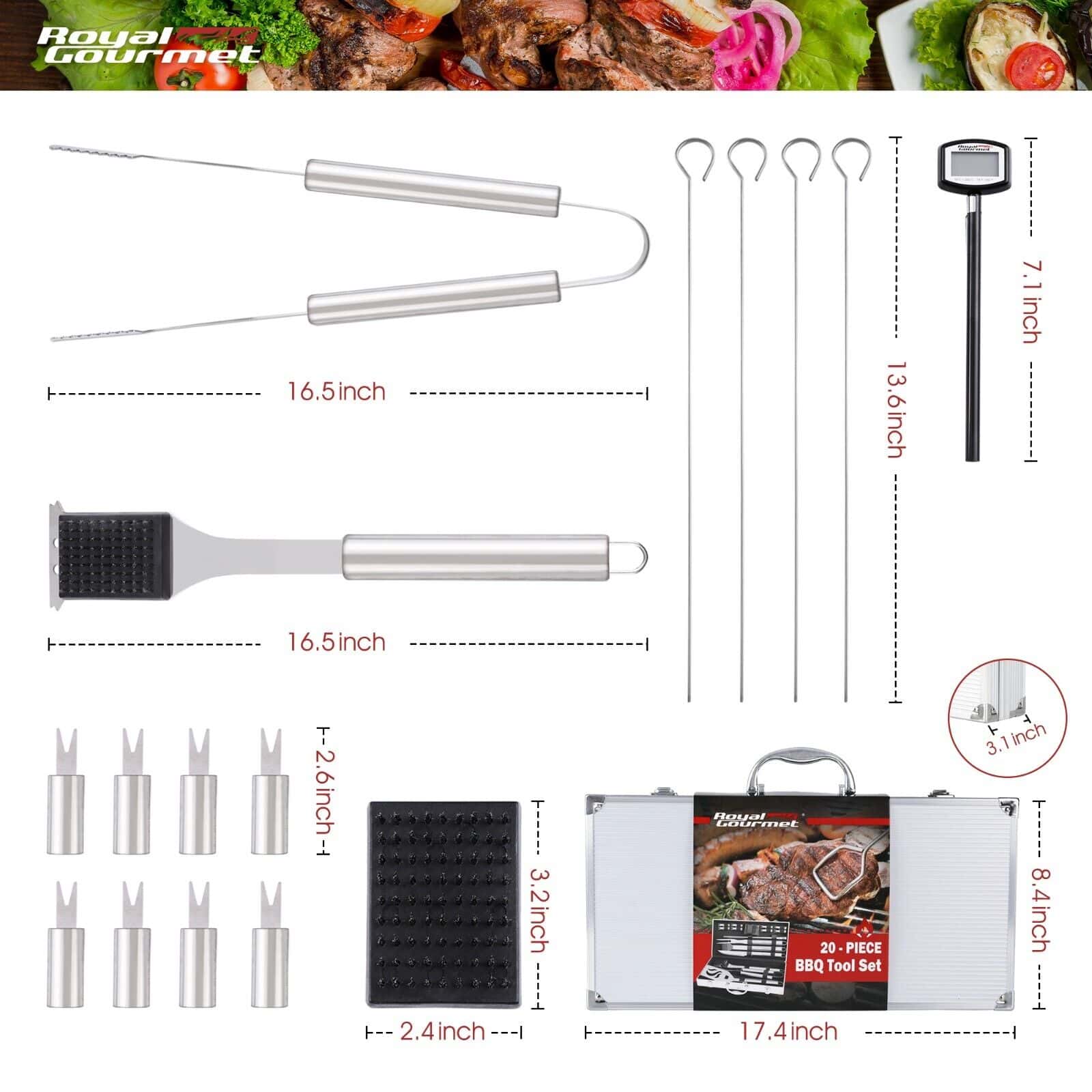 A set of barbecue tools with measurements and instructions.