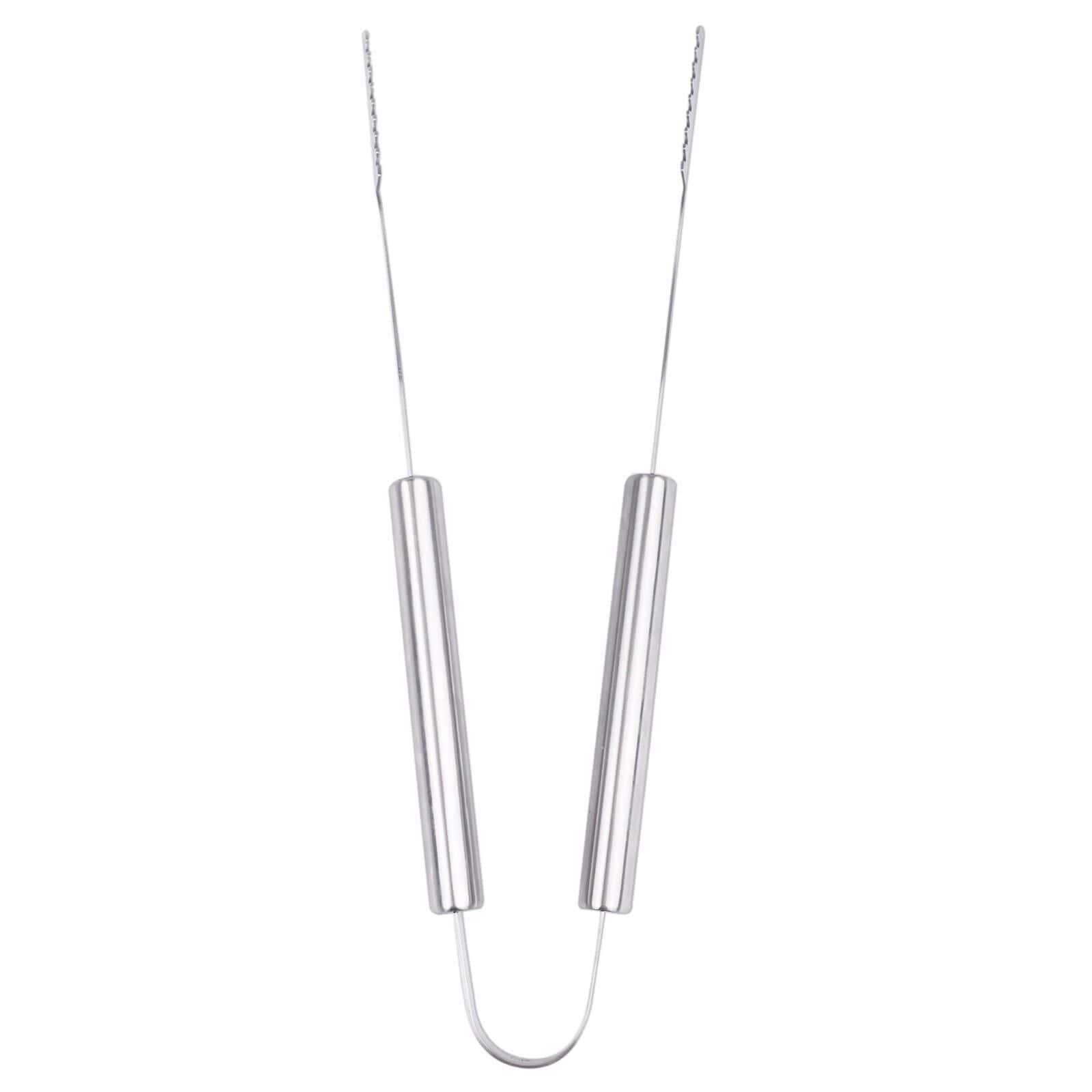 A silver necklace with two metal rods hanging from it.