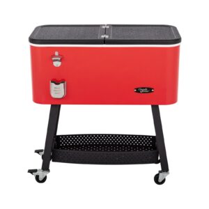 A red cooler with wheels on a white background.