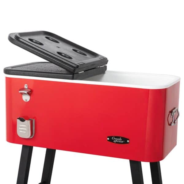 A red cooler on a stand with a black lid.