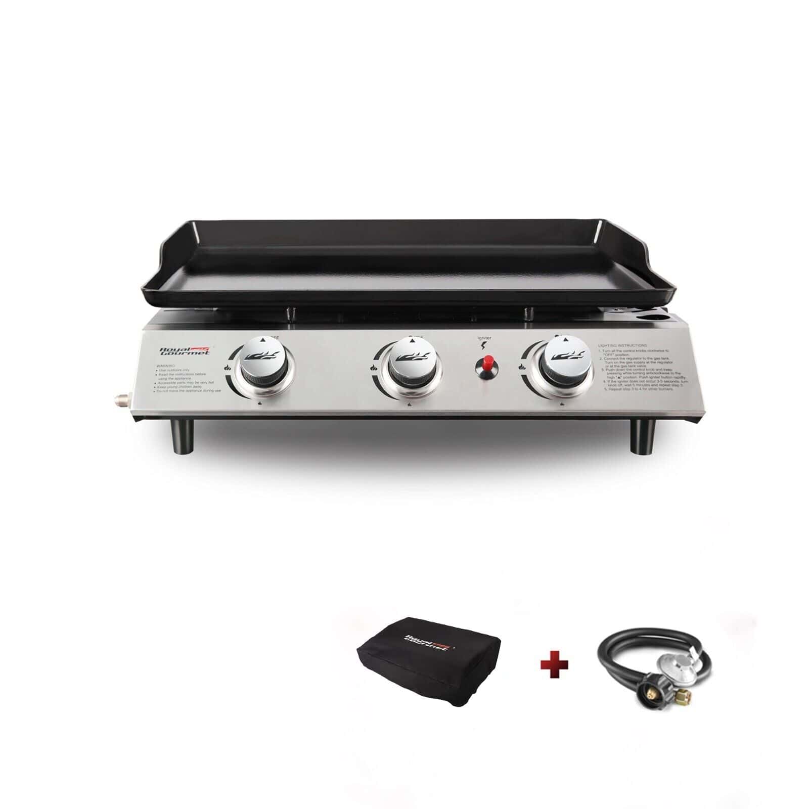 A gas grill with two burners and a propane tank.