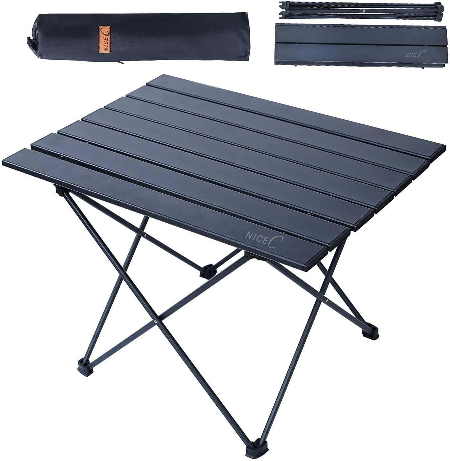 A black folding table with a carry bag.
