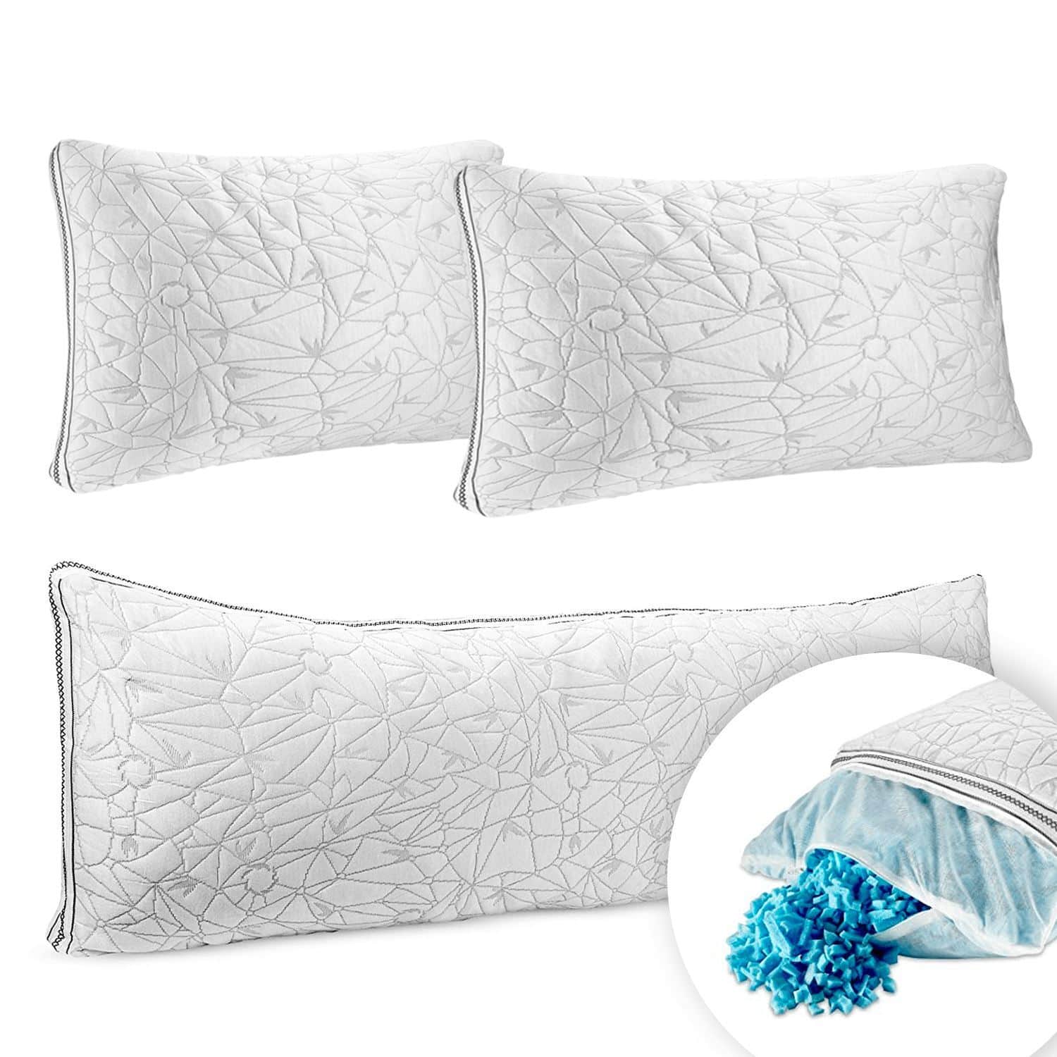 Three pillows with a blue cover and a white pillow.