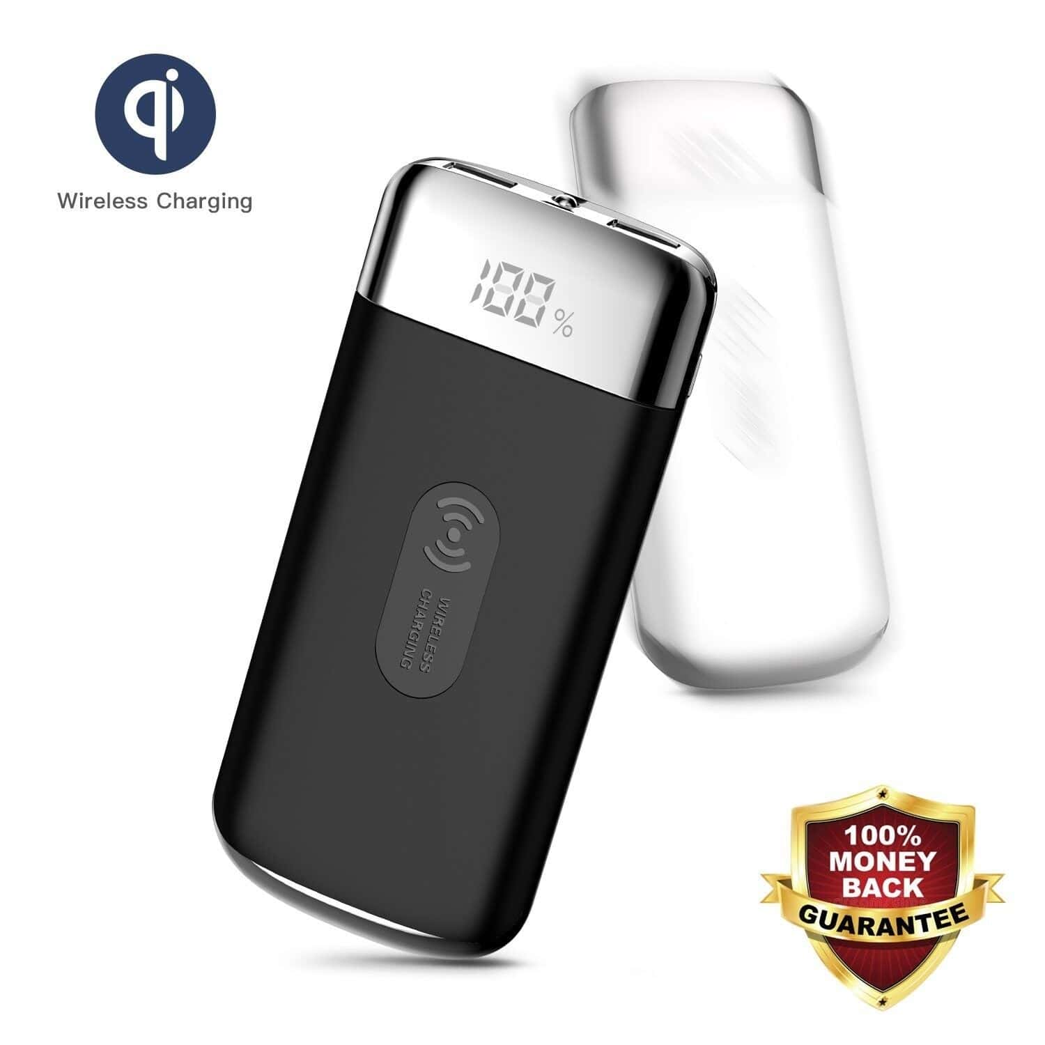 A black and white power bank with a logo on it.