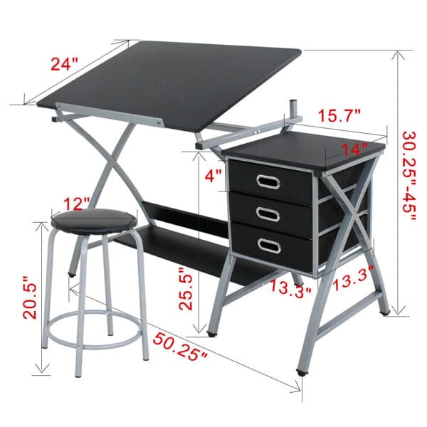 A black drafting table with a stool and measurements.