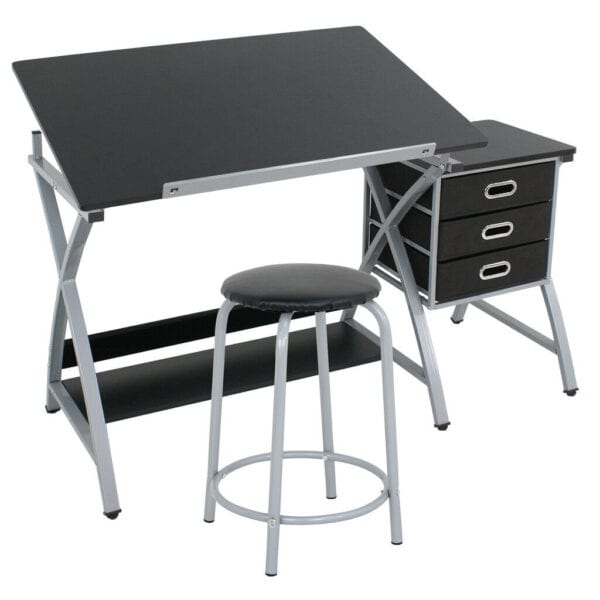 A black drafting table with a stool.