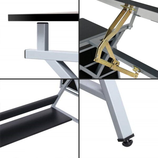 Four different pictures of a desk with a metal base.