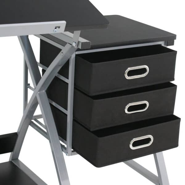 A black desk with three drawers on it.