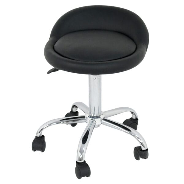 A black stool with casters on a white background.