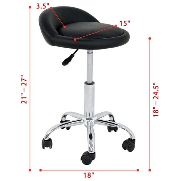 A black stool with casters and measurements.