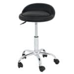 A black stool with wheels on a white background.