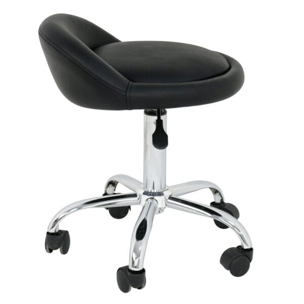 A black stool with wheels on a white background.