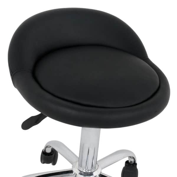 A black stool with a chrome base and a black seat.