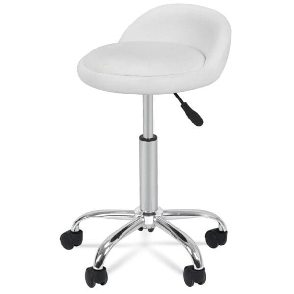 A white stool with casters on a white background.