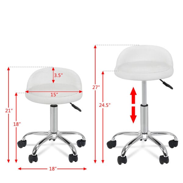 A pair of white stools with measurements.